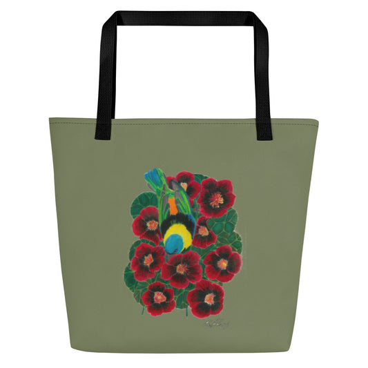 All-Over Print Large Tote Bag featuring exotic Green Headed Tanager design