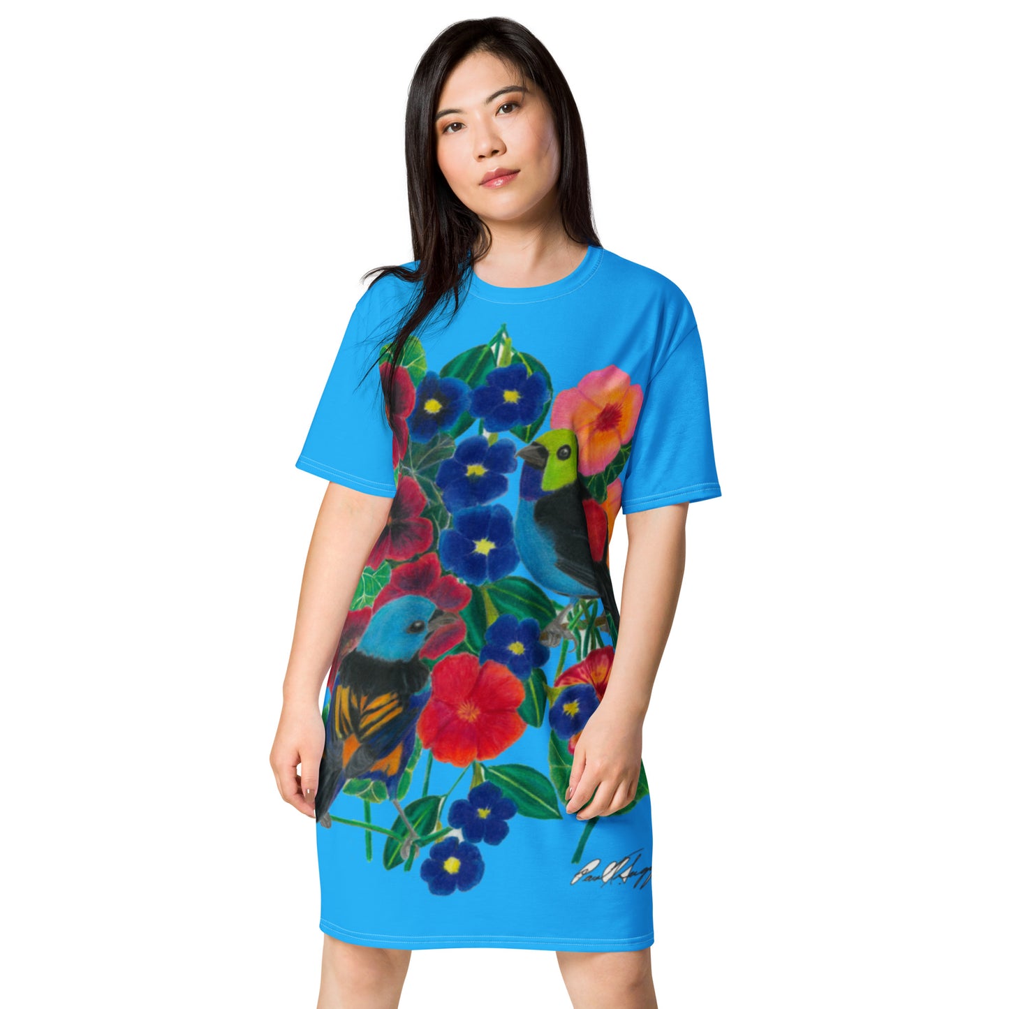 Wings of the Rainforest T-shirt dress, featured with deep sky blue background