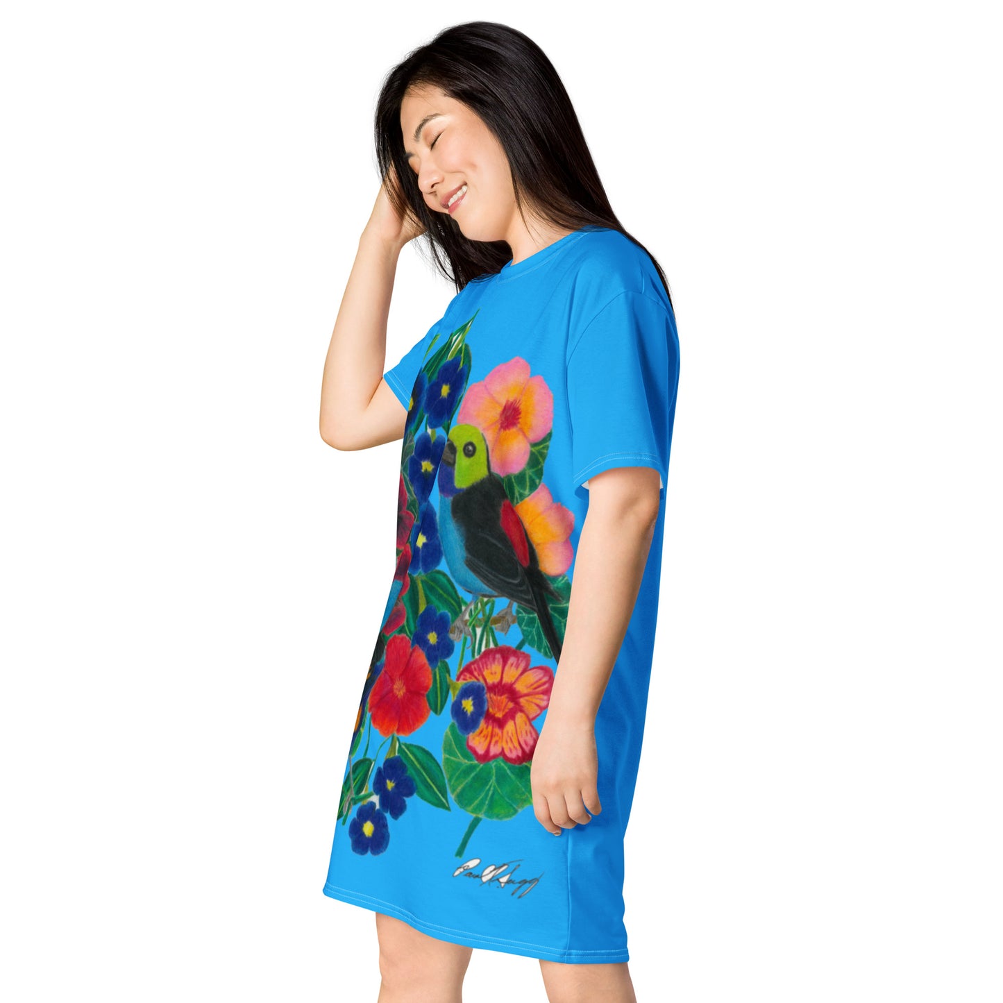 Wings of the Rainforest T-shirt dress, featured with deep sky blue background