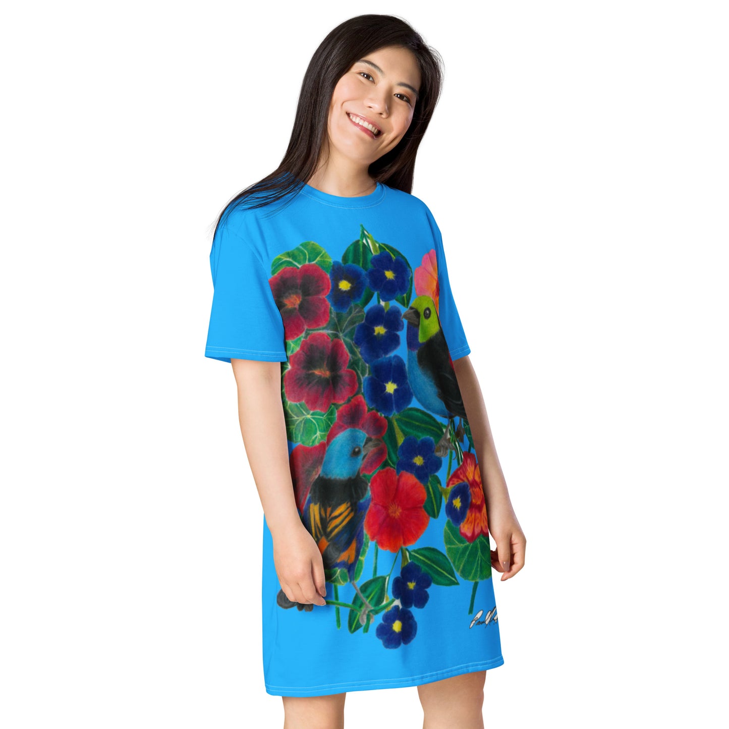 Wings of the Rainforest T-shirt dress, featured with deep sky blue background